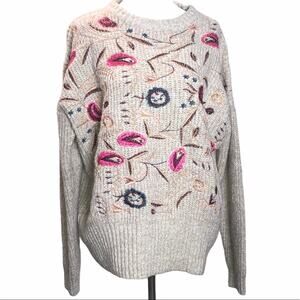 Woven Heart Embroidered Floral Sweater Tan Large